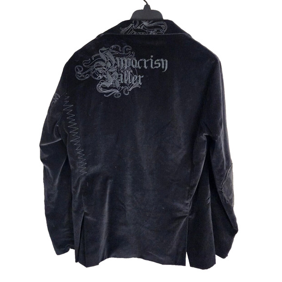 ROAR VELVET Blazer Jacket Mens Sz L Black Graphic Print Two Button Elbow Patch - Picture 2 of 5